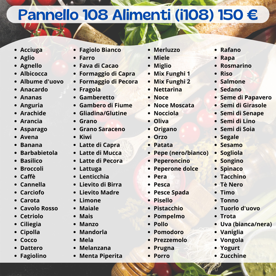 Pannello denominato i108, da 108 alimenti